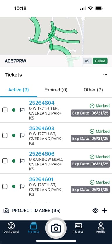 Mobile app showing dig ticket management