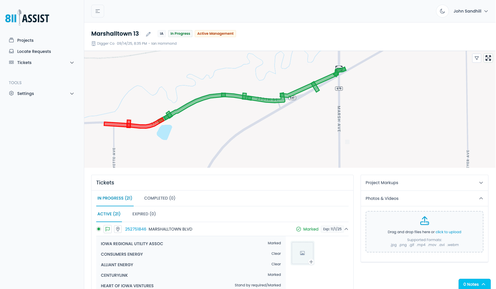 811 Assist platform screenshot showing project management interface